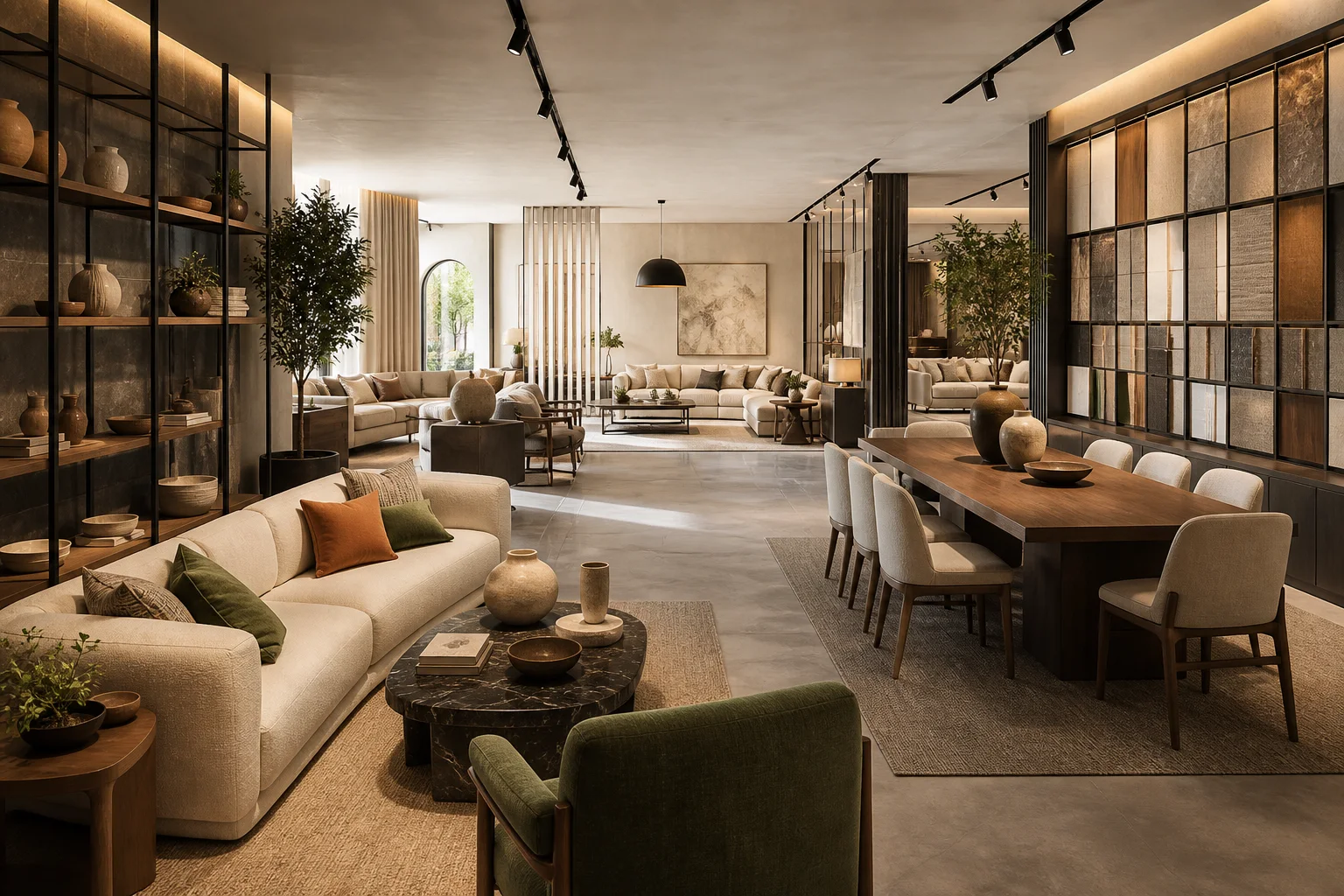Modern Assaf Group showroom with furniture settings and material wall