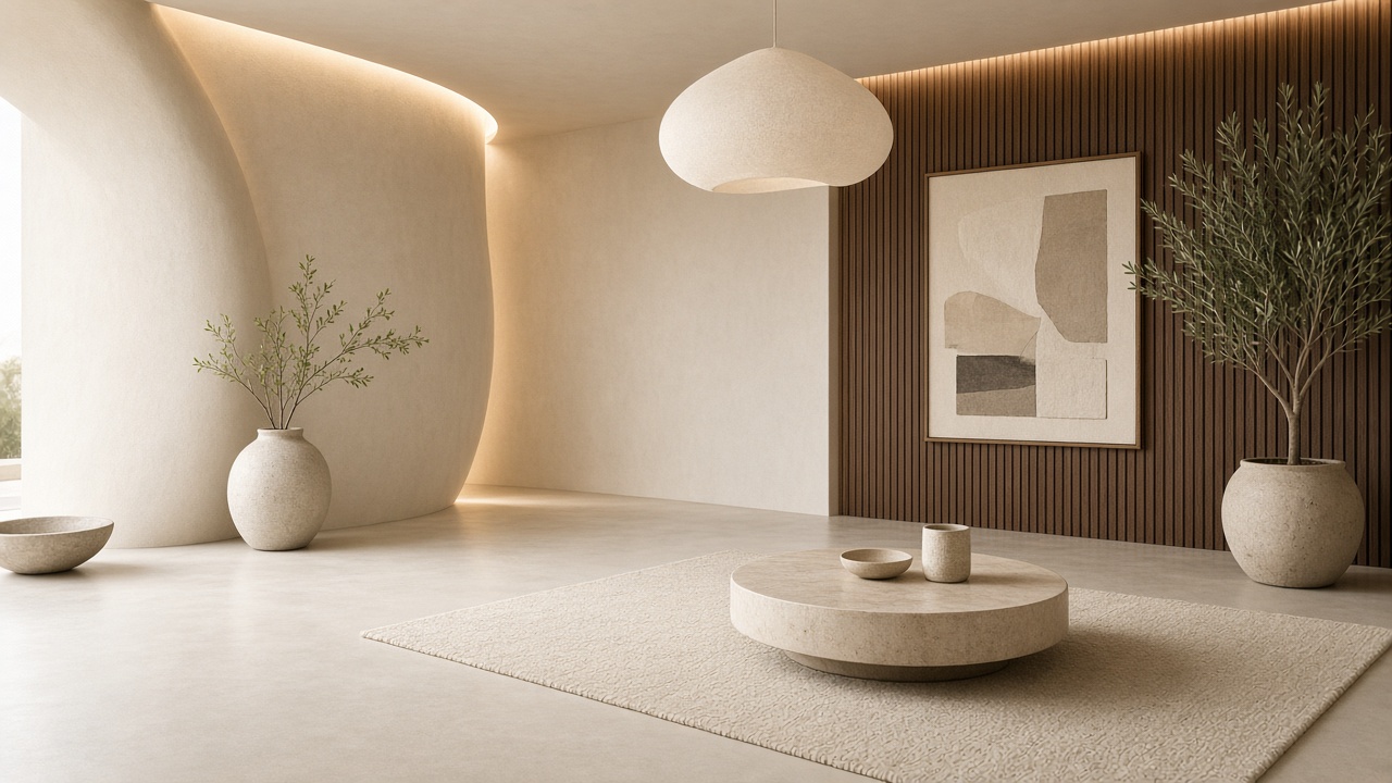 Assaf Group living room with mustard tufted sofa in a warm architectural interior